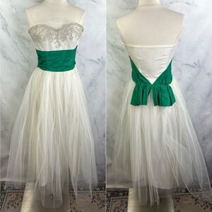 Vintage 1950s Cupcake Prom Dress SZ XS Gown Tulle Strapless white green sequence